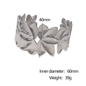 Stainless steel flower open cuff bracelet, 40mm width, 60mm inner diameter, stylish jewelry.