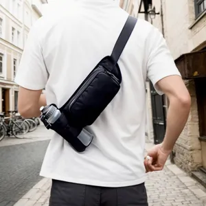 Black versatile sports sling waist bag with water bottle holder for outdoor fitness and running.