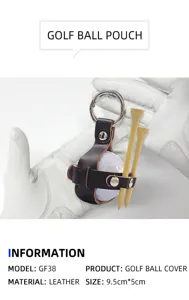 Detailansicht des Mini Leder Golfball Etuis, kompakter Halter mit Tees und Handschuh Präsentation.