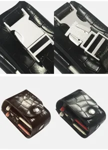Crocodile grain leather golf ball bag detail showing metal H buckle and tee slots closeup.