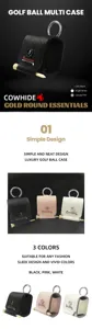 Korean style cowhide golf ball leather case with metal clip and tee, chic and portable design.