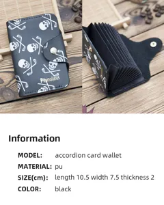 Tarjetero acordeón de cuero PU negro con estampado de calavera, compacto y práctico.