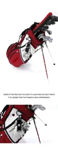 Hochwertige Golf-Standtasche mit Schlägern und Totenkopf-Handschuhhalter in rot-weiß.