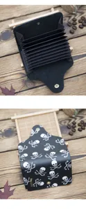 Tarjetero de acordeón negro con calaveras, cartera de cuero multifuncional para hombre y mujer.