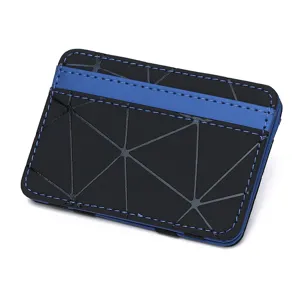 Geometrisches Muster Kartenhalter Detail mit blauen Kontrastnaehten und kompaktem Design.