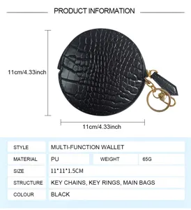 Round PU leather coin purse with crocodile pattern, mini wallet keychain with zip closure.