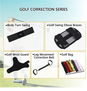 Golf swing correction training aid series including wrist guard, elbow brace, and training belt.