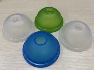 Detail view of temperature-sensitive color-changing plastic soccer cups in multiple colors.