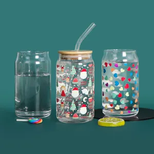 Can shaped glass cups set with bamboo lid and straw christmas hearts design glassware
