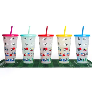 Color changing plastic cold cup with straw, soccer and flag pattern design set of 5.