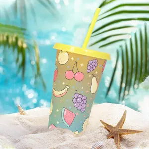 Bicchiere di plastica che cambia colore da 24oz con paglia, simpatico motivo di frutta.