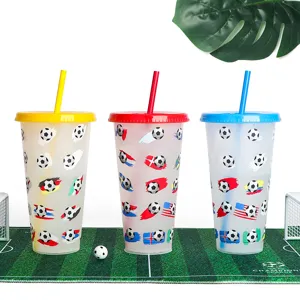 Cold color changing plastic cup with straw, reusable soccer pattern cup for cold drinks.