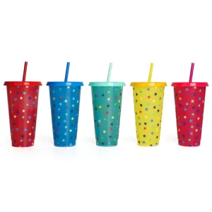 Colorful plastic color changing cold cup with lid and straw for refreshing iced drinks.