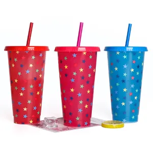 Plastic cold color changing straw cup with colorful star pattern for cold drinks