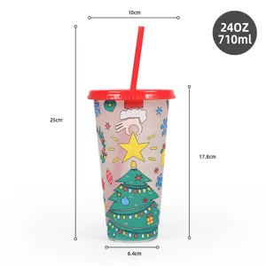 Detailed view of the 710ml Christmas color-changing plastic straw cup with dimensions.