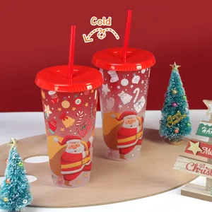 Christmas plastic cold color changing straw cup set, red lids and festive Santa design.