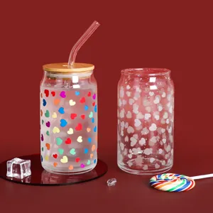 Color changing glass cup with heart pattern, cute cola can shaped tumbler with lid and straw.