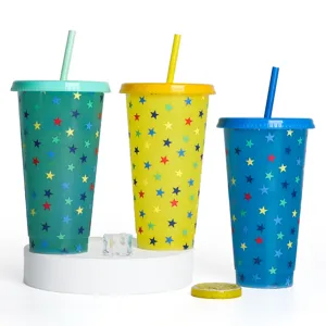 Color Changing Plastic Straw Cup Cold Sensitive Star Pattern Tumbler With Lid And Straw For Fruit Tea Beverage