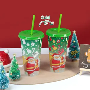 Christmas plastic cold color changing straw cups set red green holiday drinkware party
