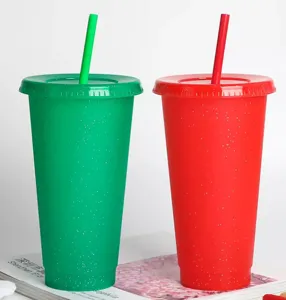 710ml wiederverwendbarer Kunststoff Becher mit Deckel und Strohhalm glitzernder Trinkbecher