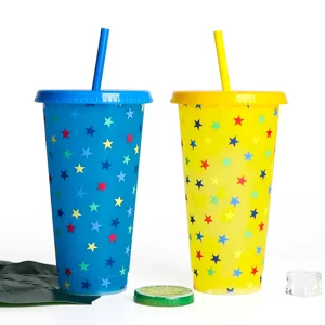 Color-changing plastic straw cup with star pattern, cold sensitive drink tumbler, 2 pack.