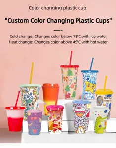 Collection of various color changing plastic cups with straws for cold and hot water