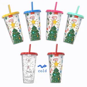Christmas color changing straw cup plastic cold change water bottle holiday drinkware