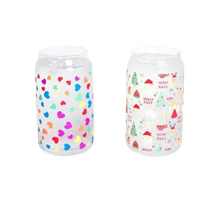 Frosted glass can cup with cute love hearts and Christmas patterns for cold drinks.