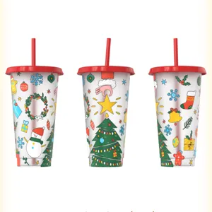 Christmas cold color changing straw cup, large capacity plastic cup with lid and straw details.