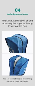 Primo piano di cerniera e velcro per borsa da golf per facile accesso e sicura presa.