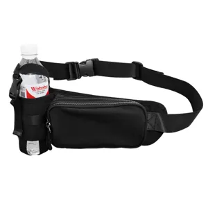 Black sports waist pack with water bottle holder, multi-functional running fanny pack.