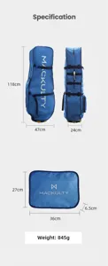 Vista dettagliata delle specifiche della borsa da golf blu con dimensioni e peso precisi.