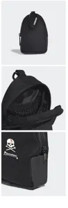 Schwarze Golfballtasche Detailansicht, strapazierfähiges Nylon mit Karabiner und Reißverschluss.