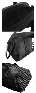 Vista di dettaglio della mini borsa da golf nera, poliestere resistente con moschettone e tasca.