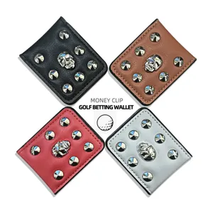 PU leather skull money clip wallet with magnetic closure and metal studs for golf use.