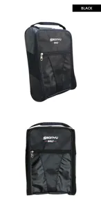 Schwarze Golf-Schuhe-Tasche mit atmungsaktivem Mesh-Seitenfach und Tragegriff für Reisen.