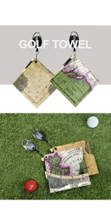 Detail view of vintage map golf towel with retractable clip and golf tee, practical sports gear.