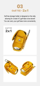 Detailansicht des gelben Leder-Golf-Tee-Halters mit Seitenschlitzen und Golfball.