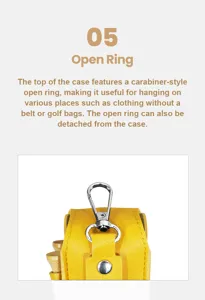 Tragbare Golfballtasche mit Karabinerring aus gelbem Leder mit praktischen Haltern für Tees.