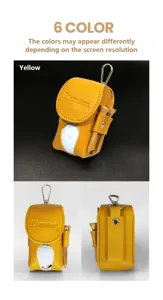 Tragbare Golfballtasche aus Leder in Gelb mit seitlichen Teeshaltern und Metallkarabiner.
