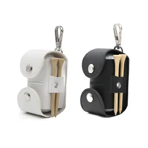 Golf ball pouch case with tees and metal clip, white and black golf accessory bag.