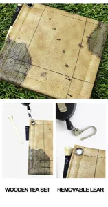 Golf ball cleaner towel with vintage map print, metal clip and wooden tee, durable and portable.