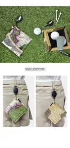 Golf towel with map pattern and retractable clip, microfiber golf ball cleaning cloth for sports.