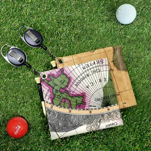 Golf towel with map pattern and retractable clip, perfect golf accessory for sports lovers.
