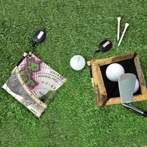 Golf towel cleaning pouch with vintage map print and retractable clip for golf lovers.