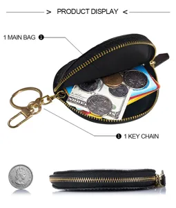 Black leather round coin purse with zipper closure and keychain, crocodile pattern design.