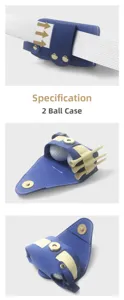 Vue detaillee de l'etui de ceinture en cuir bleu pour deux balles de golf avec tees.
