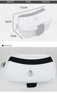 Gedetailleerd overzicht van de witte golfballentas, compact formaat met afmetingen en schedel.