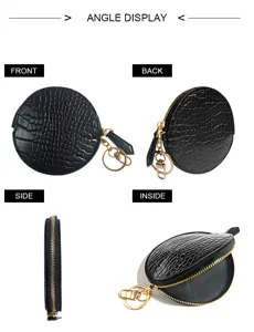 Black crocodile pattern round leather coin purse with zipper and keyring detail display.