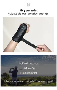 Golf wrist corrector detail view showing adjustable compression support and proper swing posture alignment.